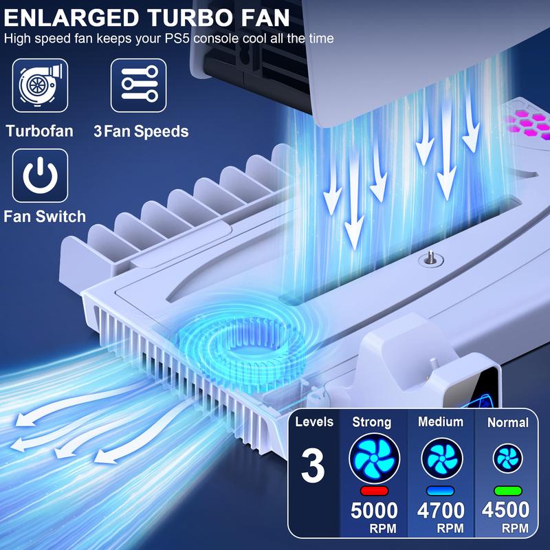 PS5 Cooling Stand for PS5 Slim Disc Digital Cooling Station Multifunctional Stand with 2 Dual Gamepad Charger, RGB Light Accessories Console