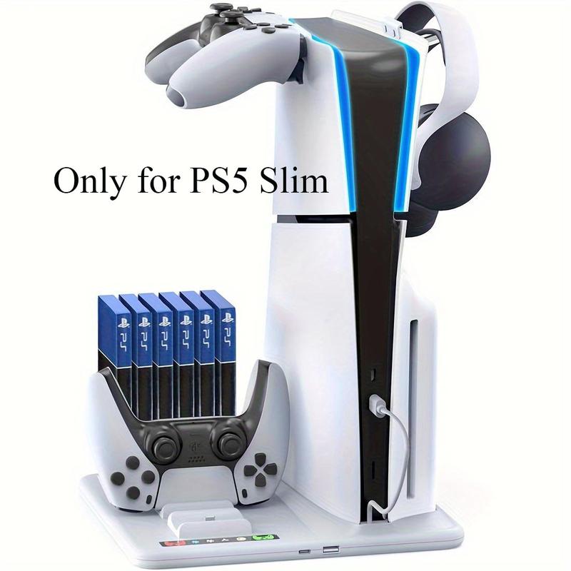 PS5 Slim Cooling Stand Dock with Dual PS5 Controllers Charging Station, for PS5 Slim Console Cooling Station with 6 Game Disc Slot Organizer, with 2 Headphone Hangers game storage ps5 stand