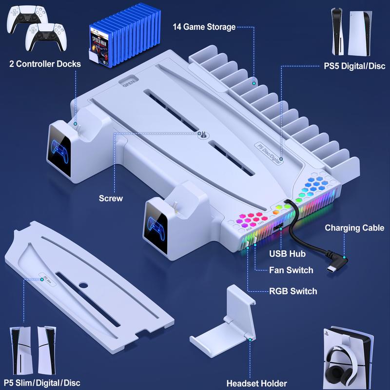 PS5 Cooling Stand for PS5 Slim Disc Digital Cooling Station Multifunctional Stand with 2 Dual Gamepad Charger, RGB Light Accessories Console