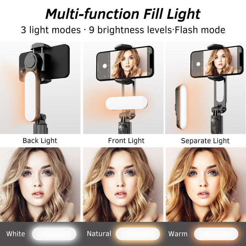 Portable Phone Gimbal Stabilizer, Multifunctional Phone Gimbal with Remote Control & Detachable Fill Light, Mini 360° Phone Stabilizer for Android & iPhone