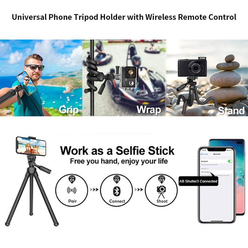 Flexible Phone Camera Tripod Stand Holder,with Bluetooth Remote,Compact, Adjustable Legs, Durable Design,Waterproof,for iPhone XR XS Max XS X,Android Samsung Galaxy(Black)