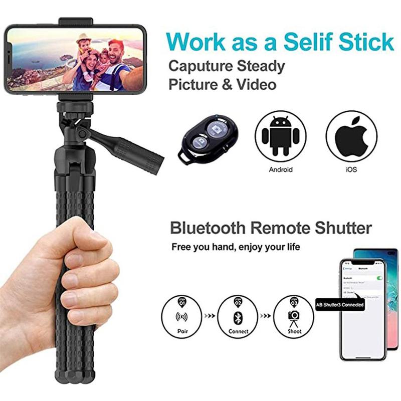 Flexible Phone Camera Tripod Stand Holder,with Bluetooth Remote,Compact, Adjustable Legs, Durable Design,Waterproof,for iPhone XR XS Max XS X,Android Samsung Galaxy(Black)