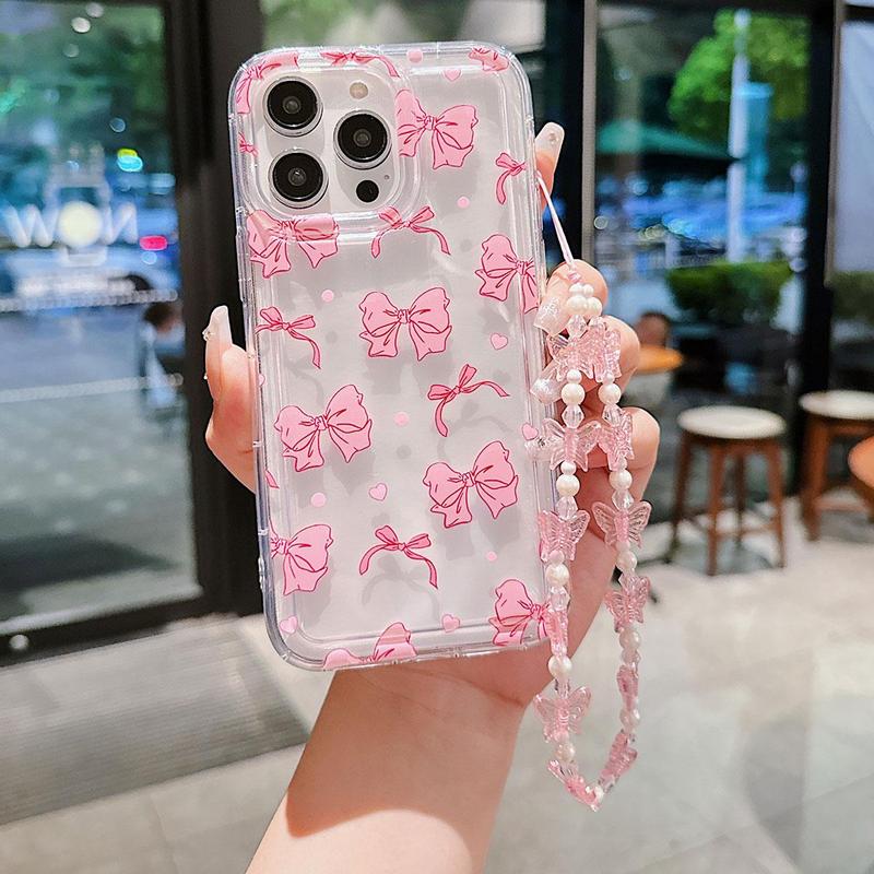 Bowknot Pattern Phone Case with Beaded Chain, Cute Decorative Phone Protector Cover, Phone Accessories Compatible with iPhone 15 14 13 12 11 XR iPhone 16 Pro Max Case Series