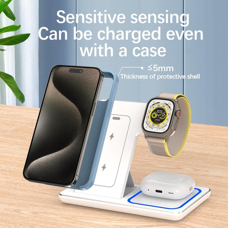 20W 3 in 1 Wireless Charger, Foldable Office Travel Charger, Charging Stand with LED Light for iPhone 15 14 13 12 11, Apple Watch, AirPods