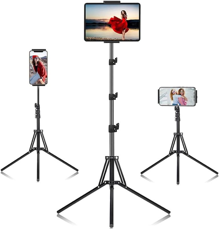 Ipad Tripod Stand, with 65 inch Height Adjustable iPad Stand Holder & iPad Floor Stand with 360° Rotating iPad Tripod Mount for iPad Pro, iPhone, Kindle, and All 4.7-12.9 Inch Tablets