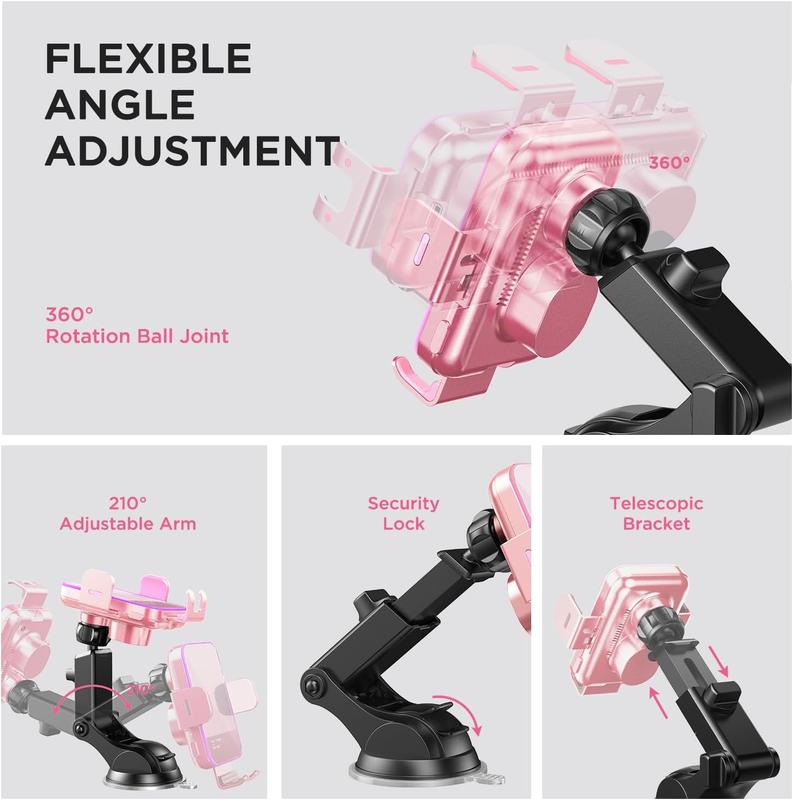 Wireless Car Charger, 15W Auto Clamping Car Charger Phone Mount Holder fit for iPhone 14 13 12 Mini Pro Max 11 XR XS,  Galaxy S23 Ultra S22 S21+ S10+ Note 20, etc - Pink