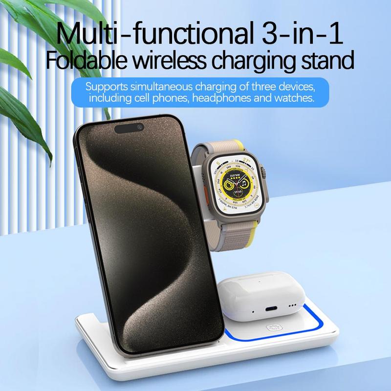 20W 3 in 1 Wireless Charger, Foldable Office Travel Charger, Charging Stand with LED Light for iPhone 15 14 13 12 11, Apple Watch, AirPods