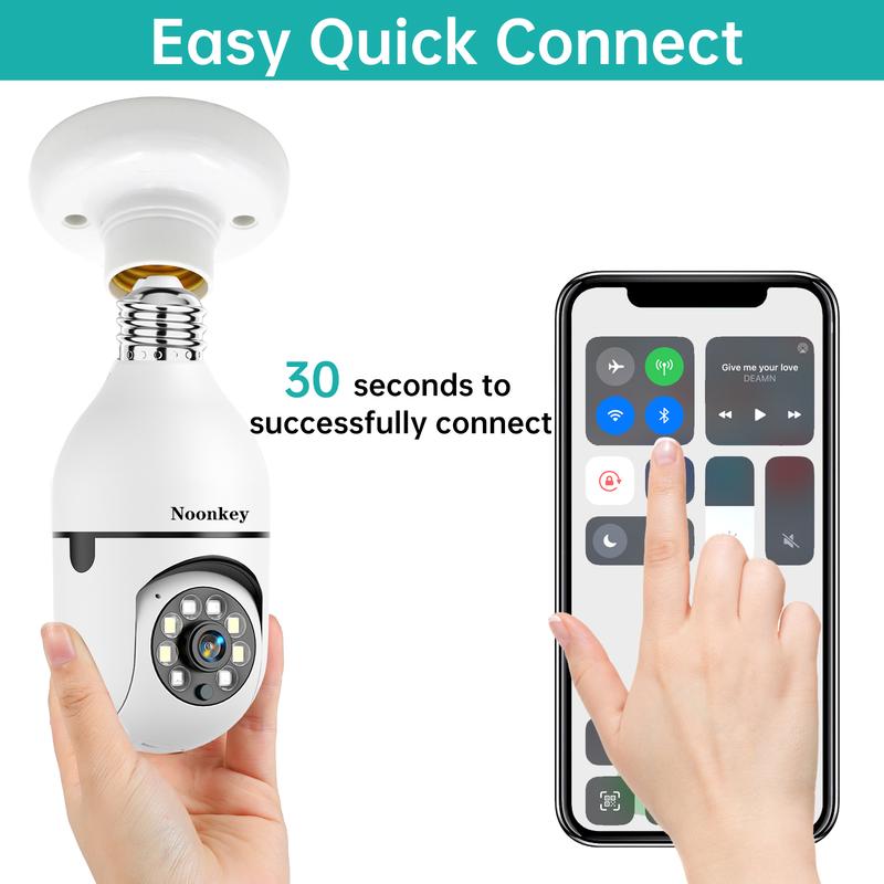 Noonkey 2K 3MP Light Bulb Security Camera 2.4 5Ghz-3 Megapixel Indoor Outdoor Full Color Day Night Camera, Motion Detection, Sound & Light Alarm, Two-Way Audio, Home Yard Store，Work Alexa Wireless Light Socket Camera Easy Installation