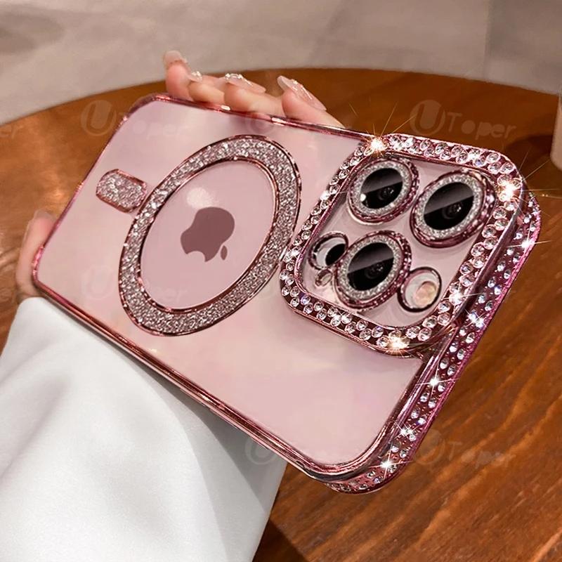 Bling Fashion Crystal Diamond Clear Case For iPhone 15 11 12 13 14 16 Pro Max Plus Sparkly Magsafe Magnetic Wireless Charging Cover