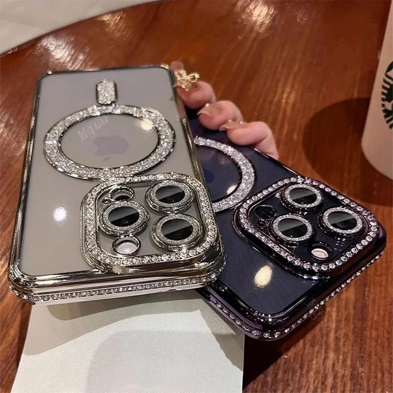 Bling Fashion Crystal Diamond Clear Case For iPhone 15 11 12 13 14 16 Pro Max Plus Sparkly Magsafe Magnetic Wireless Charging Cover