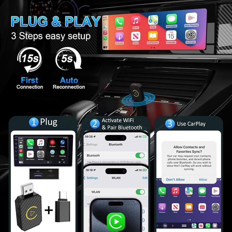 Mini Wireless Apple CarPlay Adapter, for bothApple and Android, 2 in 1,small wireless carplayadapter, converts wired to wireless, suitable forfactory wired CarPlay cars from 2016 onwards,plug and play