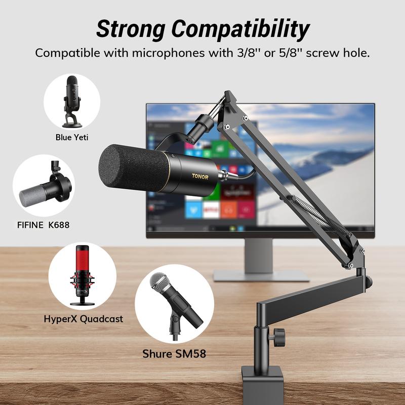 Tonor T20 Mic Arm Desk Mount, Low Profile Boom Arm, Microphone Arm, Adjustable Mic Stand with Desk Mount Clamp, Screw Adapter, Cable Management