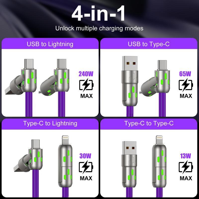 4-in-1 USB Charging Cable, fast charging cable USB A+ TYPE C + Lightning Multi national aluminum alloy cable management suitable for iPhone 16 15 14 Samsung Galaxy, Android Phones & Tablets iPad Pro Smartphone Cellphone Mobile Electronic,fashion trends