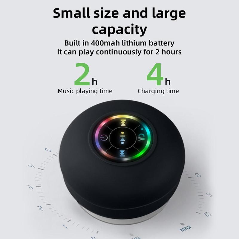 Mini Bluetooth Shower Speaker with LED Light, Portable IPX4 Waterproof, Hands-Free Speakerphone Rechargeable, Wireless Stereo for Beach, Shower & Home