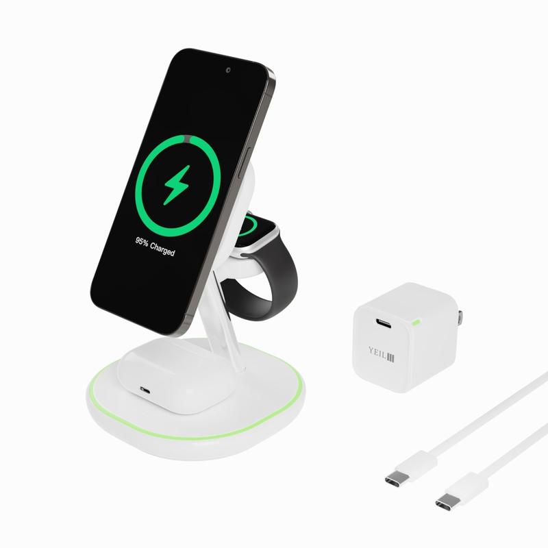 YEIL “ProCharge” 3-in-1 Wireless Charger MagSafe Compatible Wireless Charger Stand for iPhone 12, 13, 14, 15, iWatch and AirPods.