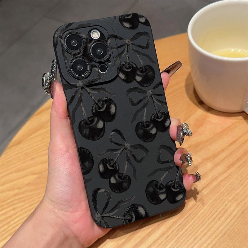 Cartoon Cherry & Bowknot Pattern Phone Case, Decorative Phone Protector Cover, Phone Accessories Compatible with iPhone 15 Pro Max 14 13