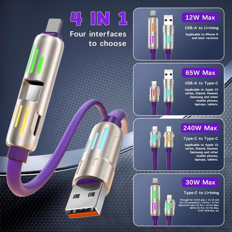 USB C Cable, 240W 4 in 1 Multi Charging Cable USB Charger Cable with Breathing Light, Combo L Port Type C USB A Fast Charging Cord for iPhone Pro Max Laptop Samsung Device Charging, 5FT-Purple