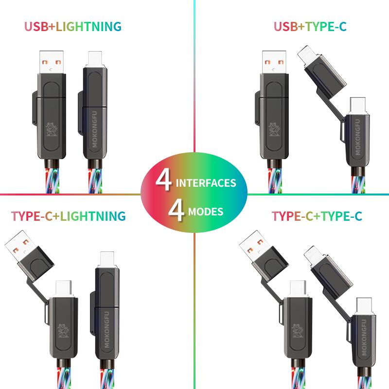 Mokongfu 120W 4 in 1 Charger Cable,LED Lightning and Colorful Fast Charging Cable,Date Cable with USB A and Type C,for iPhone 15 16,iPad and Samsung