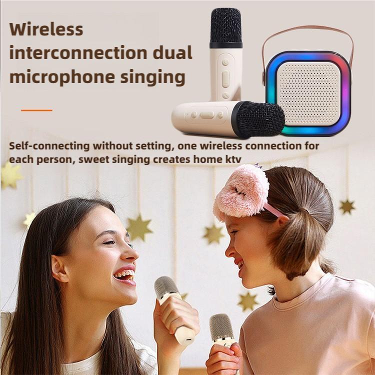 Portable Mini Karaoke Speaker with 2 Microphones, Rechargeable Wireless Outdoor Speaker with RGB Light, 3D Surround Sound Home Singing Karaoke Wireless Outdoor Audio Speaker for Smartphone, PC & More