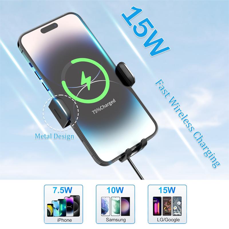 Wireless Auto-Clamping Car Charger: 15W Fast Charging Phone Holder for iPhone 15 14 13 12 11 Pro Max, Samsung Galaxy S23 S22 S21