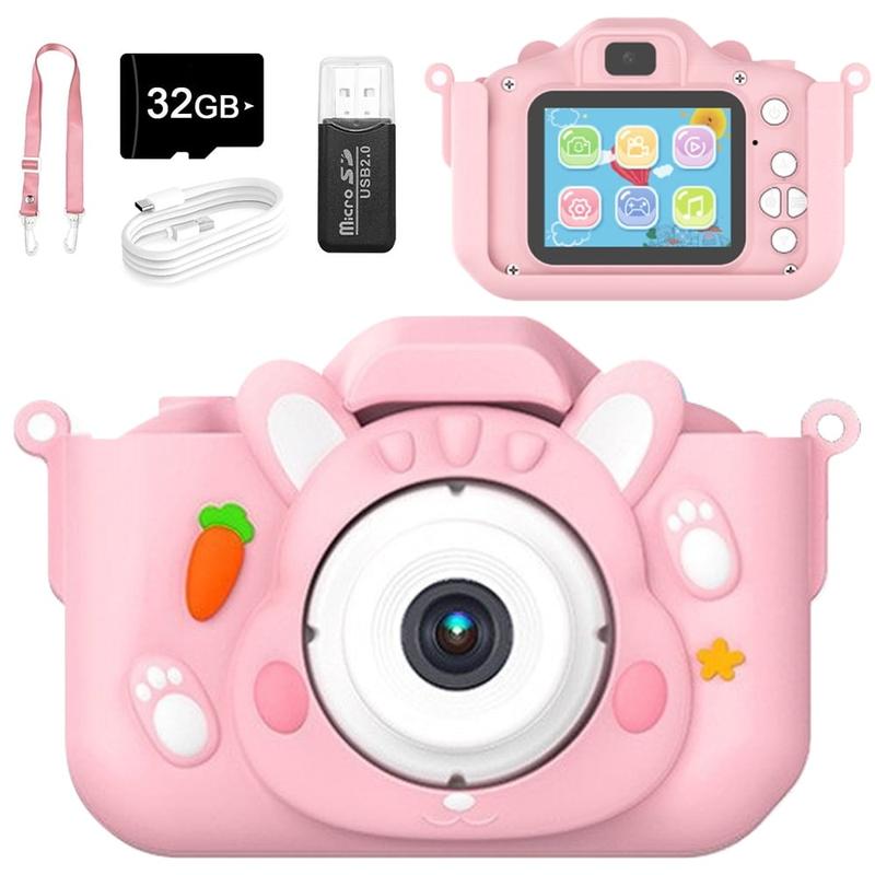 Children's selfie camera toy, cute rabbit model digital camera, 32g TF card, suitable for 3-12 years old children, HD 1080P