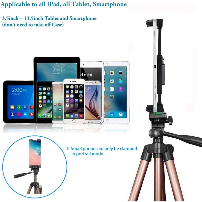 Tripod Stand Universal Tablet Phone Mount Holder 51in Lightweight with Bluetooth Remote for iPad Pro 12.9 11 10.5, Tab and 3.5 to 13.5in Tablet - Champagne