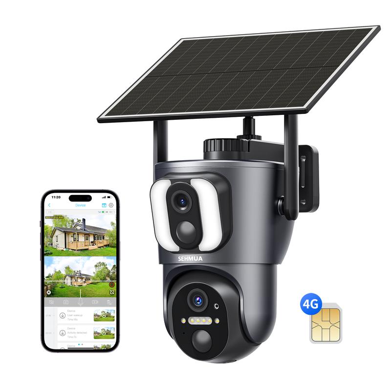 Black Dual Lens Linkage Solar Powered 4G LTE Cellular Security Camera, Not Support WIFI, 2K 360° View,Color Night Vision,Two-Way Audio,Card Connection