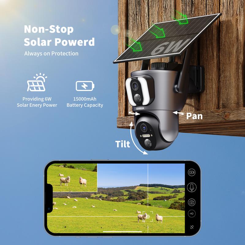 Black Dual Lens Linkage Solar Powered 4G LTE Cellular Security Camera, Not Support WIFI, 2K 360° View,Color Night Vision,Two-Way Audio,Card Connection