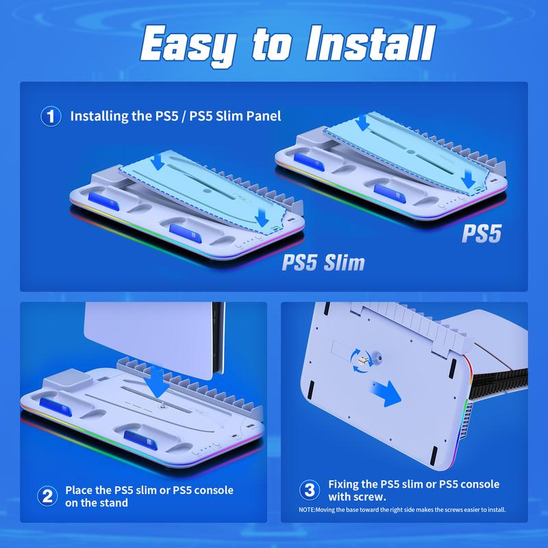 Wiilkac PS5 Charging Station and Cooling Stand with Controller Charger for PS5 Slim Console Disc Digital, PS5 Accessories, 3 Levels Cooling Fan, RGB Light, 15 Game Storage, Headset Holder for Playsation 5