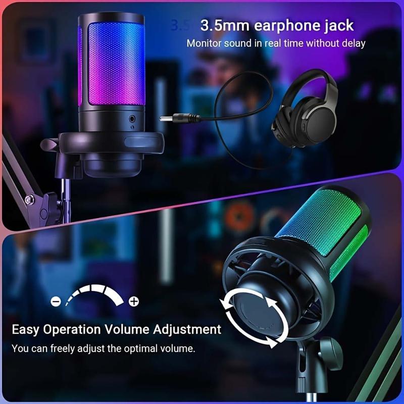 Gaming USB Microphone with Noise Cancellation Mute Gain Monitoring Boom Arm for Streaming Podcast YouTube PC PS4 PS5 Mac