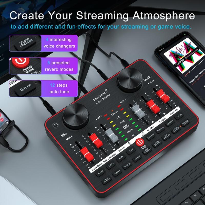 Audio Mixer with interface, tenlamp 3.5mm Studio Microphone and G1 Live Sound Card, All in one Podcast Equipment Bundle for Recording Singing Gaming Live Streaming