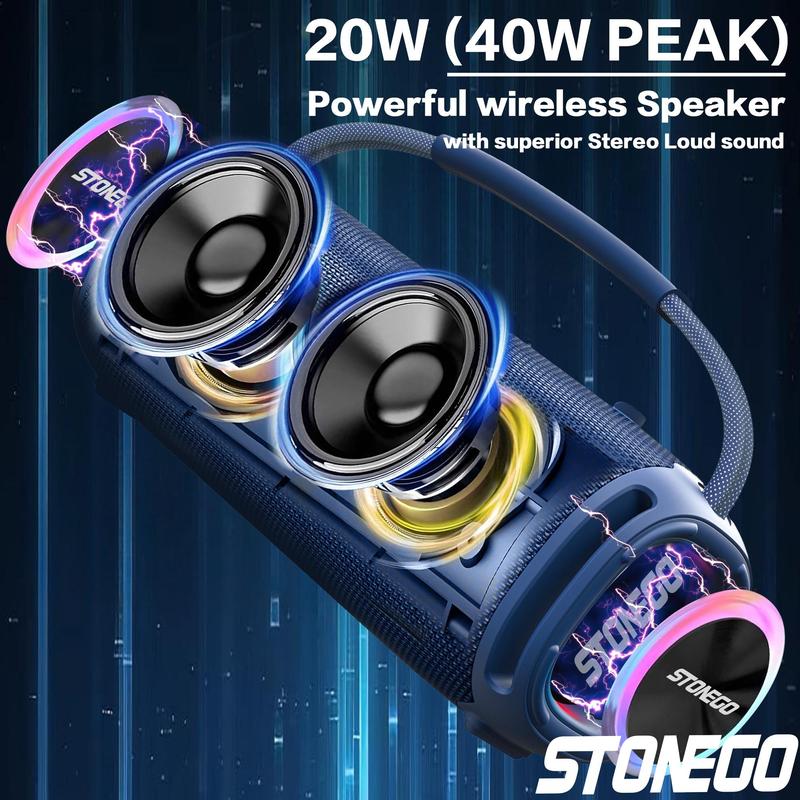 STONEGO Portable Wireless Speaker, USB-C Rechargeable Waterproof Speaker with Radio Mode, Wireless RGB Glowing Speaker for Home & Outdoor Use