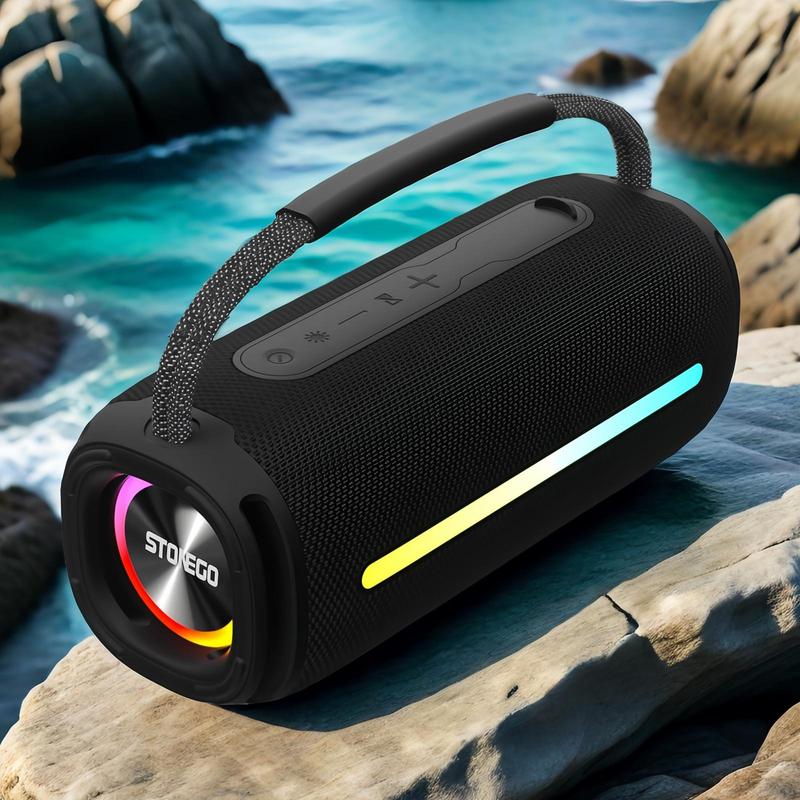 STONEGO Portable Wireless Speaker, USB-C Rechargeable Waterproof Speaker with Radio Mode, Wireless RGB Glowing Speaker for Home & Outdoor Use