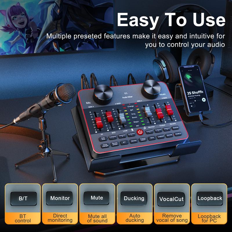 Audio Mixer with interface, tenlamp 3.5mm Studio Microphone and G1 Live Sound Card, All in one Podcast Equipment Bundle for Recording Singing Gaming Live Streaming