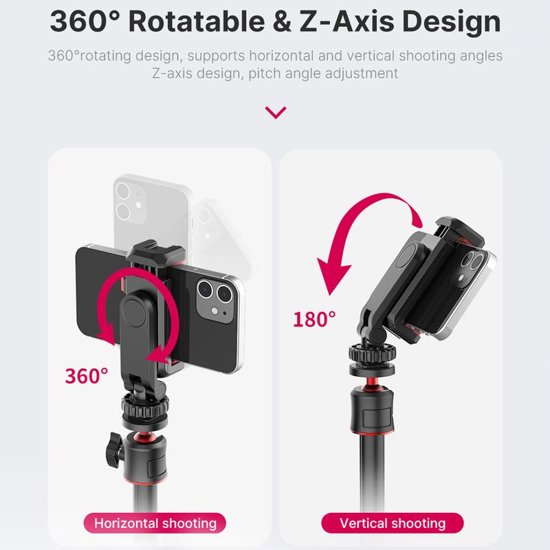 Multi-functional Phone Holder Clamp Phone Tripod Mount 360° Rotatable with Dual Cold Shoe Mounts for Smartphone Vlog Selfie Live Streaming Video Recording