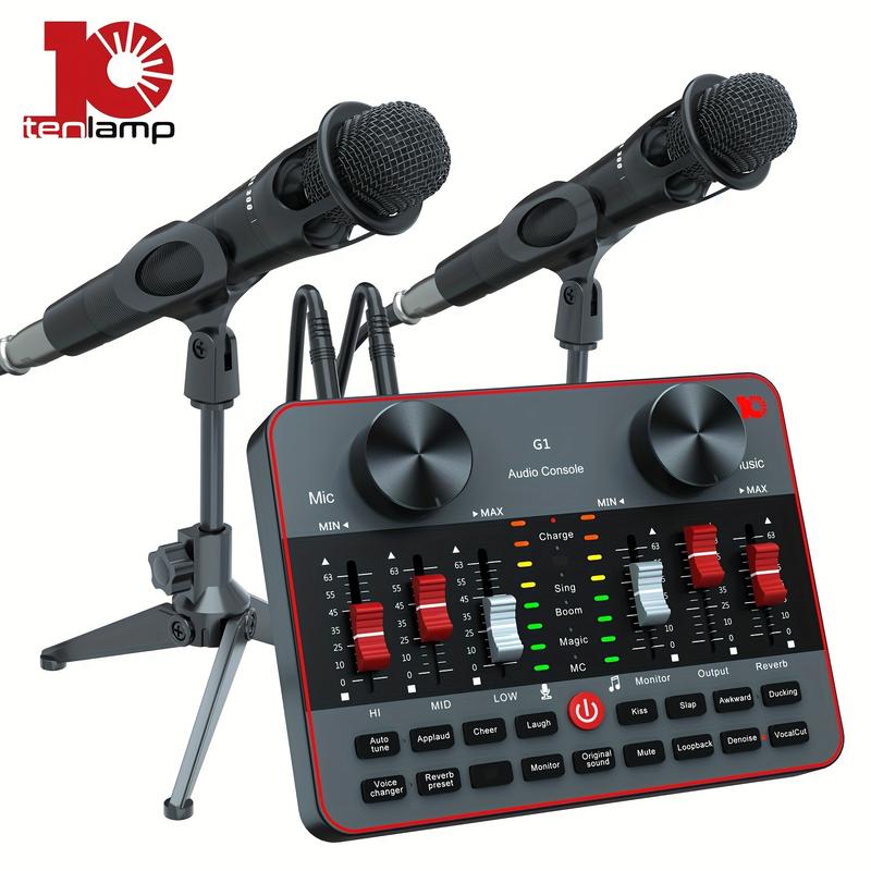 Audio Mixer with interface, tenlamp 3.5mm Studio Microphone and G1 Live Sound Card, All in one Podcast Equipment Bundle for Recording Singing Gaming Live Streaming