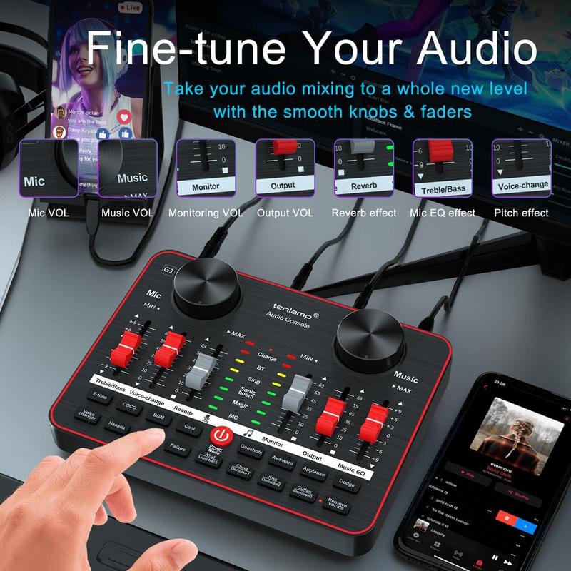 Audio Mixer with interface, tenlamp 3.5mm Studio Microphone and G1 Live Sound Card, All in one Podcast Equipment Bundle for Recording Singing Gaming Live Streaming