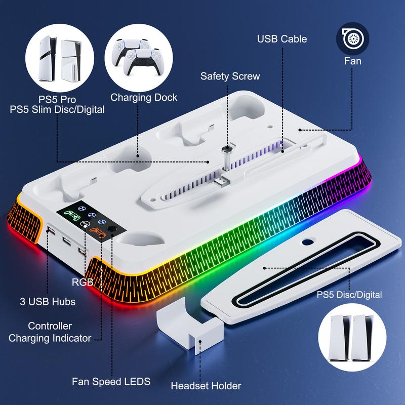 RGB PS5 Cooling Station for PS5 PS5 Slim PS5 Pro Disc Digital Console, Cooling Stand with 3 Levels Turbo Fan&10 RGB Lighting Modes&Controller Chargers&3 USB Hubs