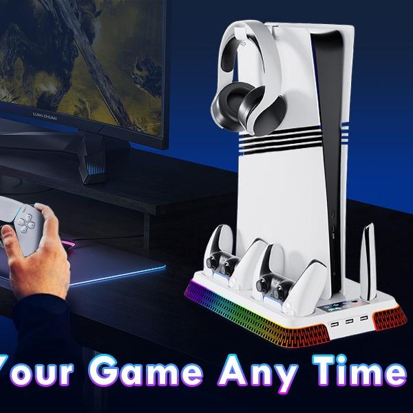 RGB PS5 Cooling Station for PS5 PS5 Slim PS5 Pro Disc Digital Console, Cooling Stand with 3 Levels Turbo Fan&10 RGB Lighting Modes&Controller Chargers&3 USB Hubs