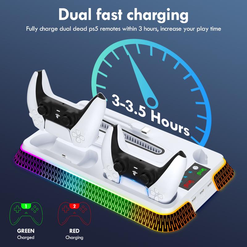 RGB PS5 Cooling Station for PS5 PS5 Slim PS5 Pro Disc Digital Console, Cooling Stand with 3 Levels Turbo Fan&10 RGB Lighting Modes&Controller Chargers&3 USB Hubs