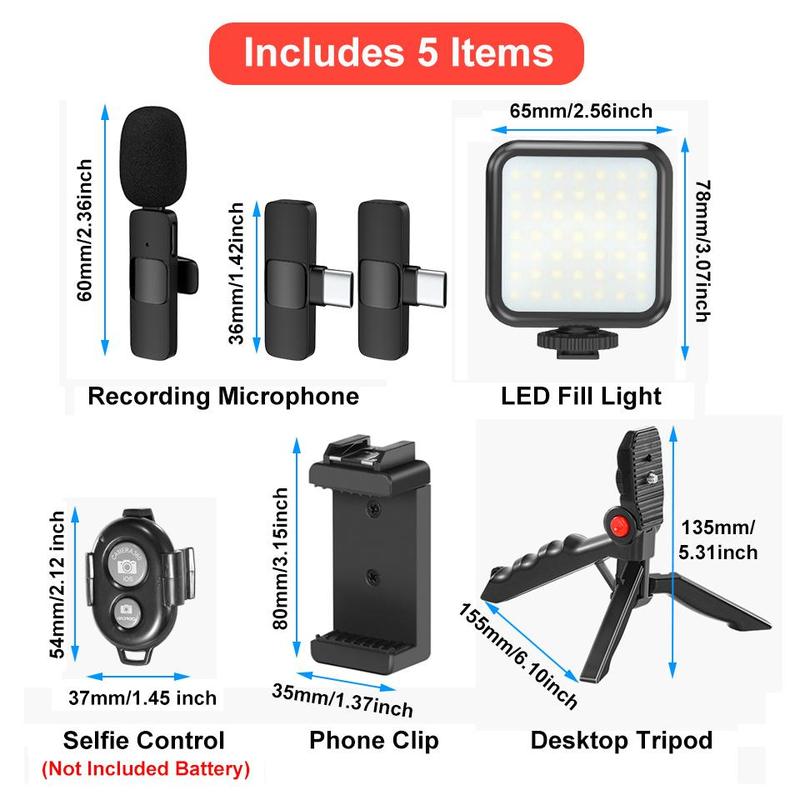 Portable Wireless Microphone & Tripod & Phone Clip & LED Fill Light & Selfie Control Set, 1 Set Vlogging Kit, Professional Camera Accessories for Live Streaming