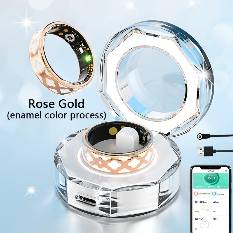 Rose Gold Enamel Designer Smart Ring for Women, IP86 Waterproof, Sleep Fitness Tracking Workout Smart Ring, 7-10 Days Standby Battery Life, Steps, Distance, Calories, Sports Tracking Device, with Crystal Charging Case, Gifts for Women,Size7-13