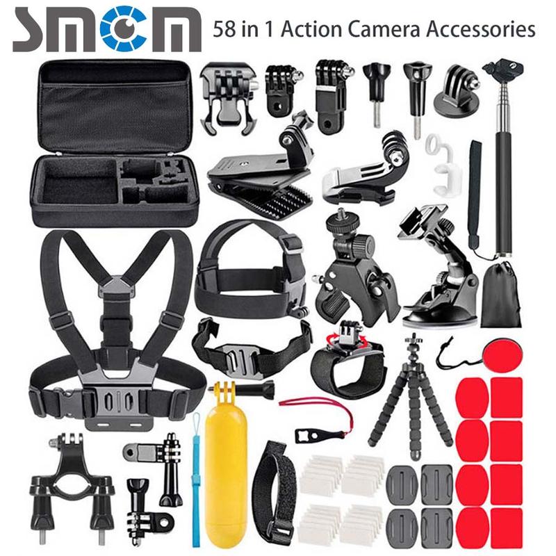 SMCM 58-in-1 Action Camera Accessories, 58pcs set Headband & Chest Strap & Wrist Strap & Selfie Stick & Car Stand & Buoyancy Stick & Other Accessories