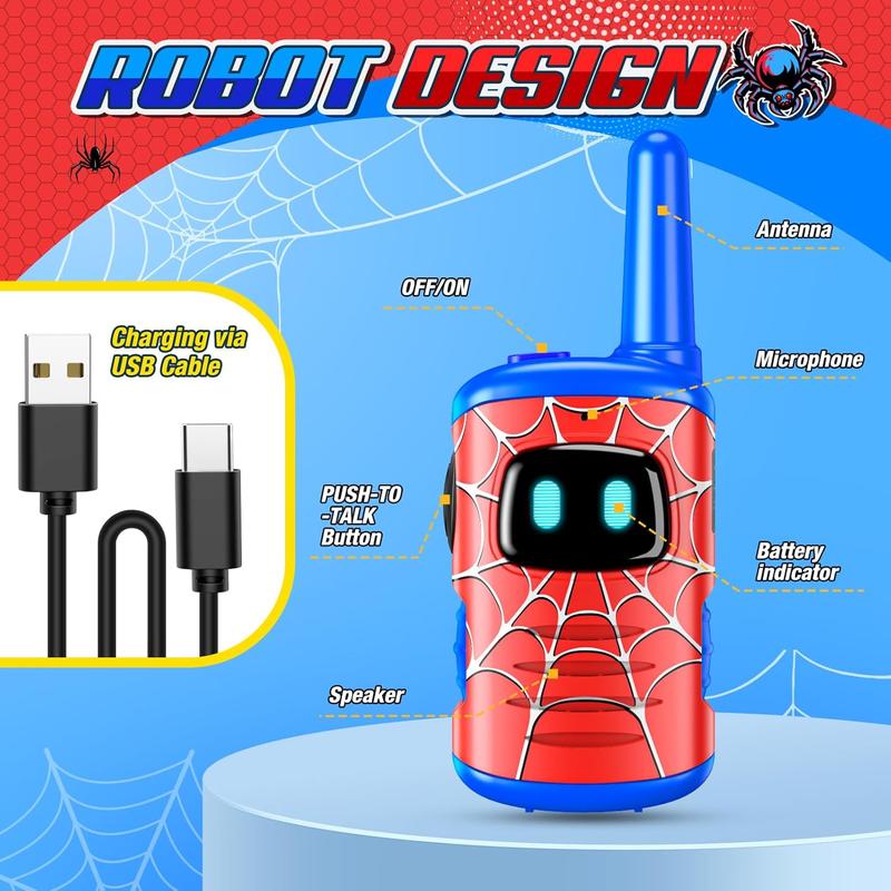 Rechargeable Walkies Talkies for Kids Toys: Spider Walkie Talkies for Kids 2 Pack Christmas Birthday Gifts for 3 4 5 6 7 8 Year Old Boys Toys Age 3-5 5-7 Year Old Boys 2 Way Radio Toy for Camping