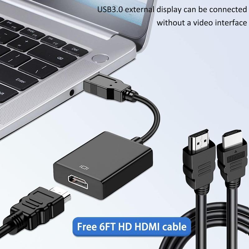 USB to HDMI Adapter with 6FT HDMI to HDMI , USB 3.0 to HDMI Full 1080P Video Audio Converter for PC, Laptop to Monitor, Support Windows XP 7 8 8.1 10 11