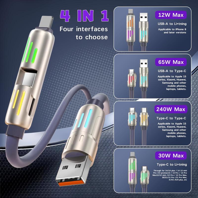 240W Chubby Cable, 4-in-1 USB-CCable (5FT) Type C Fast ChargingCable, Extension USB C to L Cable foriPhone 16 15 Pro Max ChargerMacBook, iPad Pro Air, SamSungS24iPhone 14 13 12