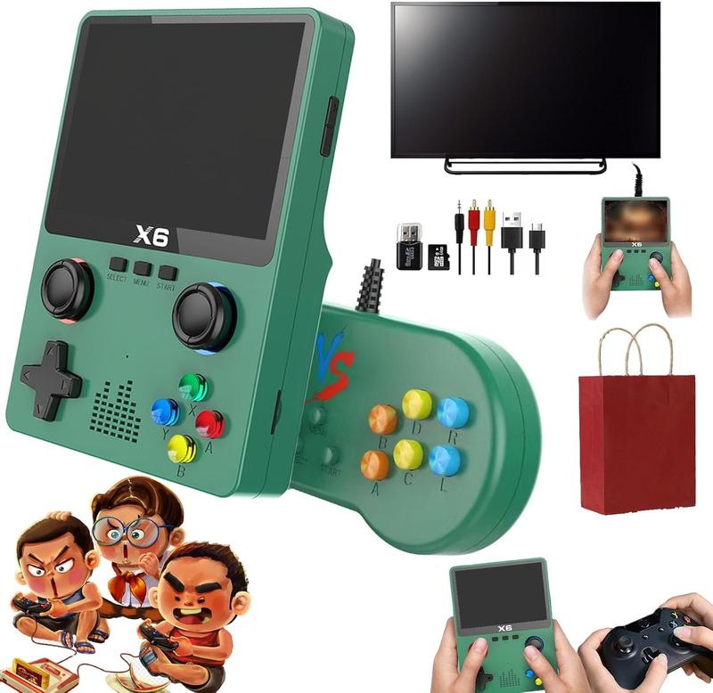 X6 Game Console, X6 Handheld Game Console, X6 Retro Game Console 10000+ Games, 3.5 Inch Screen Mini Retro Game Console, Dual 3D Joystick, Game Console X6 Supports 2 Player , Tv Output (Double - Green)