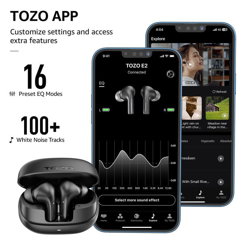 TOZO E2 Wireless Earbuds with Call Noise Cancellation, App Customize 32 EQs, 10mm Drivers with Powerful Bass, 30H Playtime, 2 Mics for Clear Calls, Bluetooth 5.3 Headphones, Comfort Fit in-Ear Headset app control