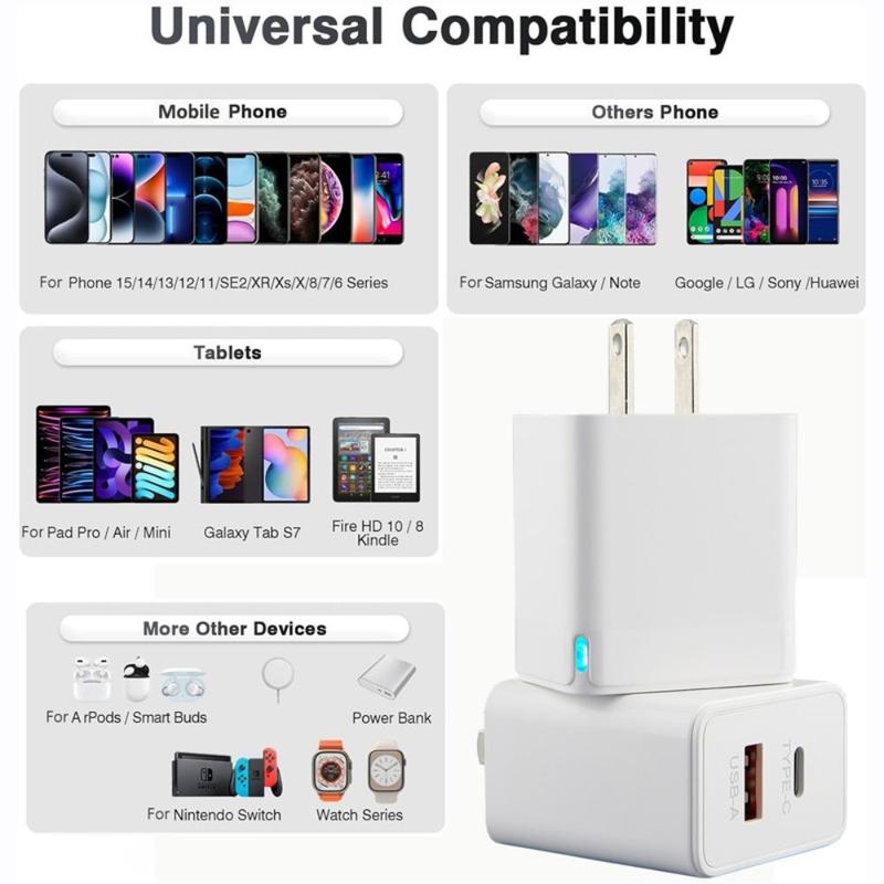 20W Dual-Port PD Fast Charger, Universal 2 In 1 Mobile Phone Charger with USB-C & USB-A Compatible with iPhone, Samsung, Android, Tablet, Mobile Phone