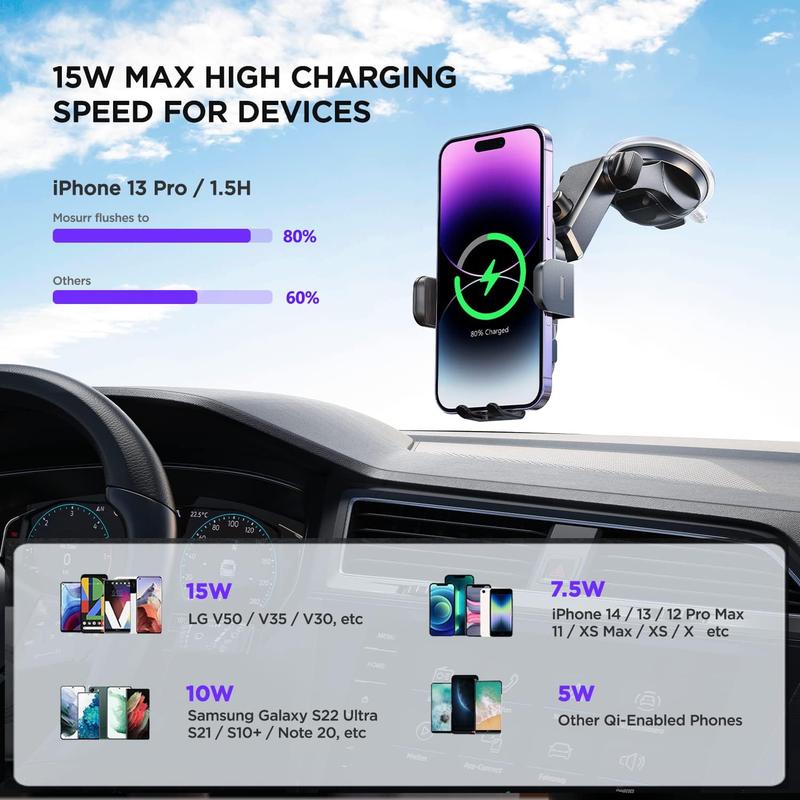 Wireless Car Charger,Mosurr 15W Auto Clamping Fast Charging Phone Holder Car Mount fit for iPhone 15 14 13 12 Pro Max Mini 11 XR XS, Samsung Galaxy S24 Ultra S23 S22 S21+ Note 20, etc , Car Accessories, Car Gadgets